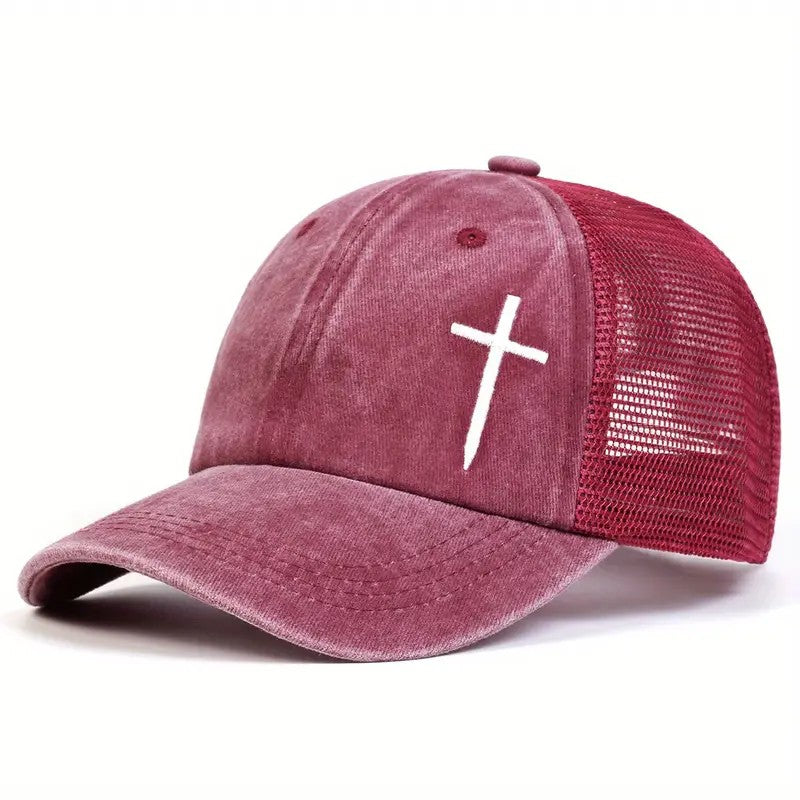 Christian Cross Embroidered Trucker Hat Adjustable Mesh Baseball Cap Unisex