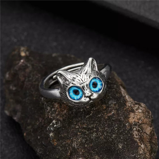 Cute Cat Blue Eye Silver Ring