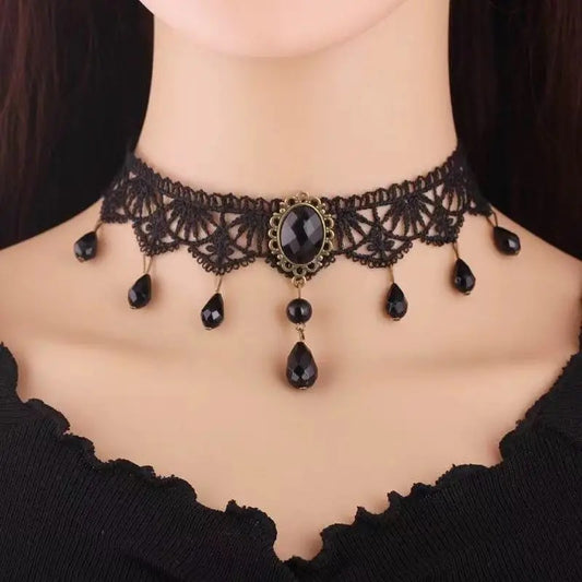 Black Lace Jewel Choker Necklace