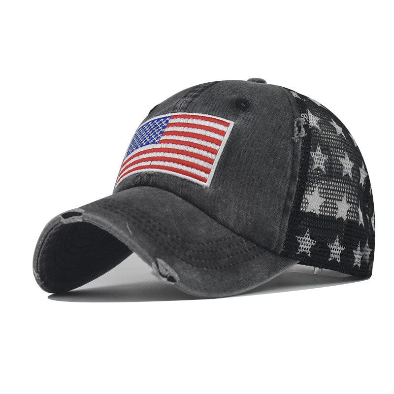 Black American Flag Star Trucker Cap-Washed Distressed USA Embroidery-Adjustable
