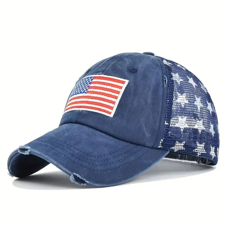 Black American Flag Star Trucker Cap-Washed Distressed USA Embroidery-Adjustable
