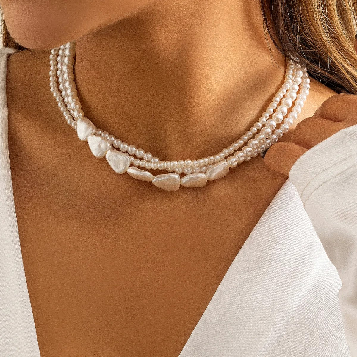 White Pearl Layered Necklace for Women Jewelry 1-3 Layers/Strands - Round & Flat