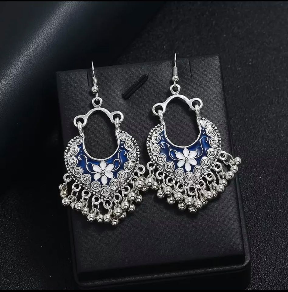 Boho Blue and Silver Dangle Earrings