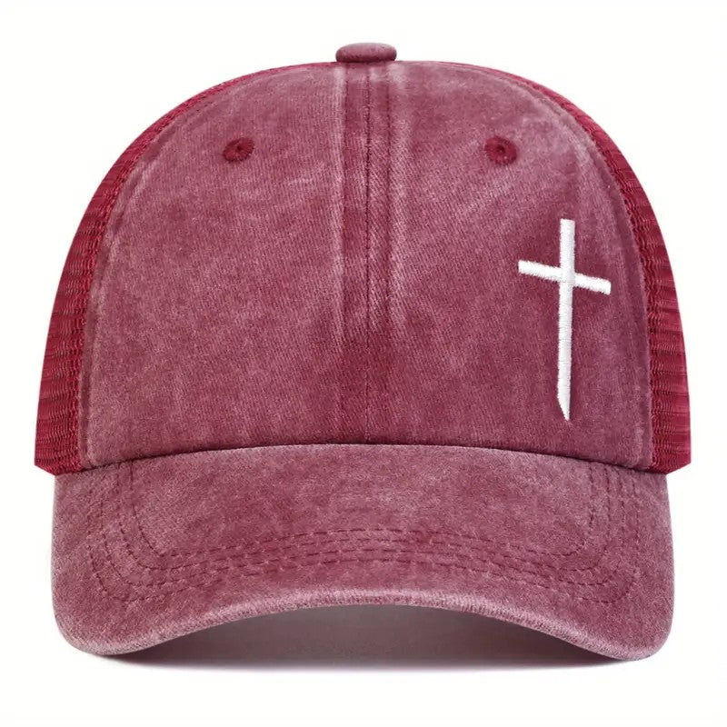 Christian Cross Embroidered Trucker Hat Adjustable Mesh Baseball Cap Unisex