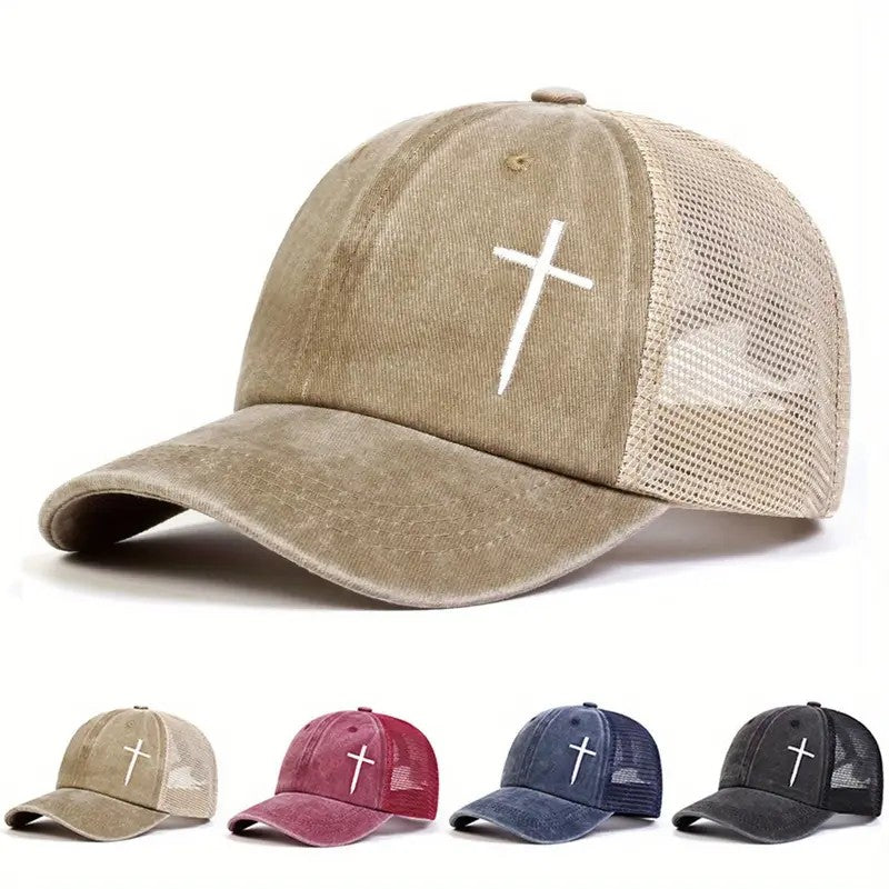 Christian Cross Embroidered Trucker Hat Adjustable Mesh Baseball Cap Unisex