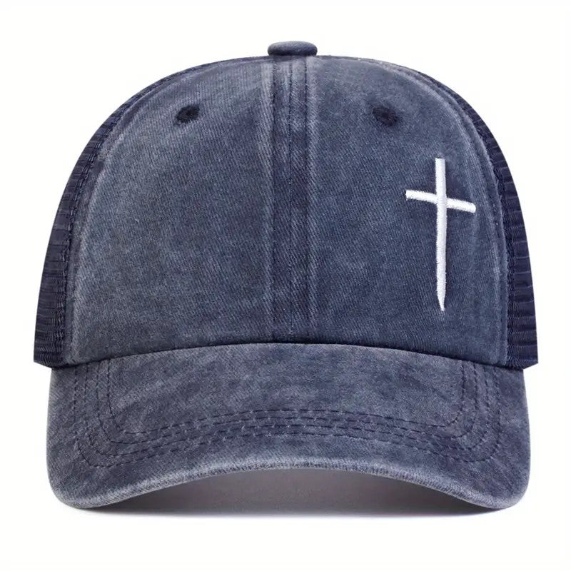 Christian Cross Embroidered Trucker Hat Adjustable Mesh Baseball Cap Unisex