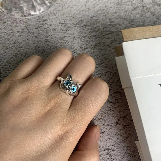 Cute Cat Blue Eye Silver Ring