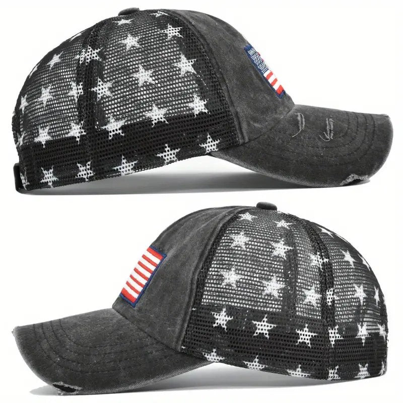 Black American Flag Star Trucker Cap-Washed Distressed USA Embroidery-Adjustable