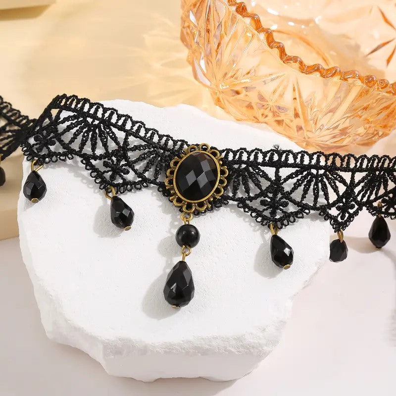 Black Lace Jewel Choker Necklace