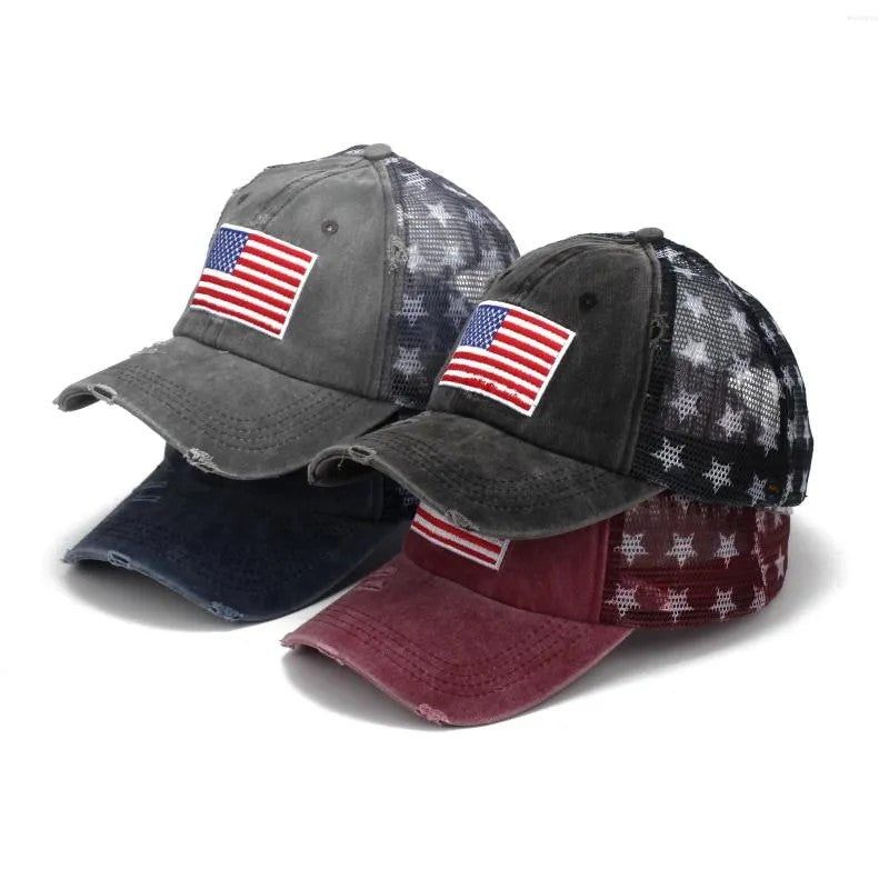 Black American Flag Star Trucker Cap-Washed Distressed USA Embroidery-Adjustable