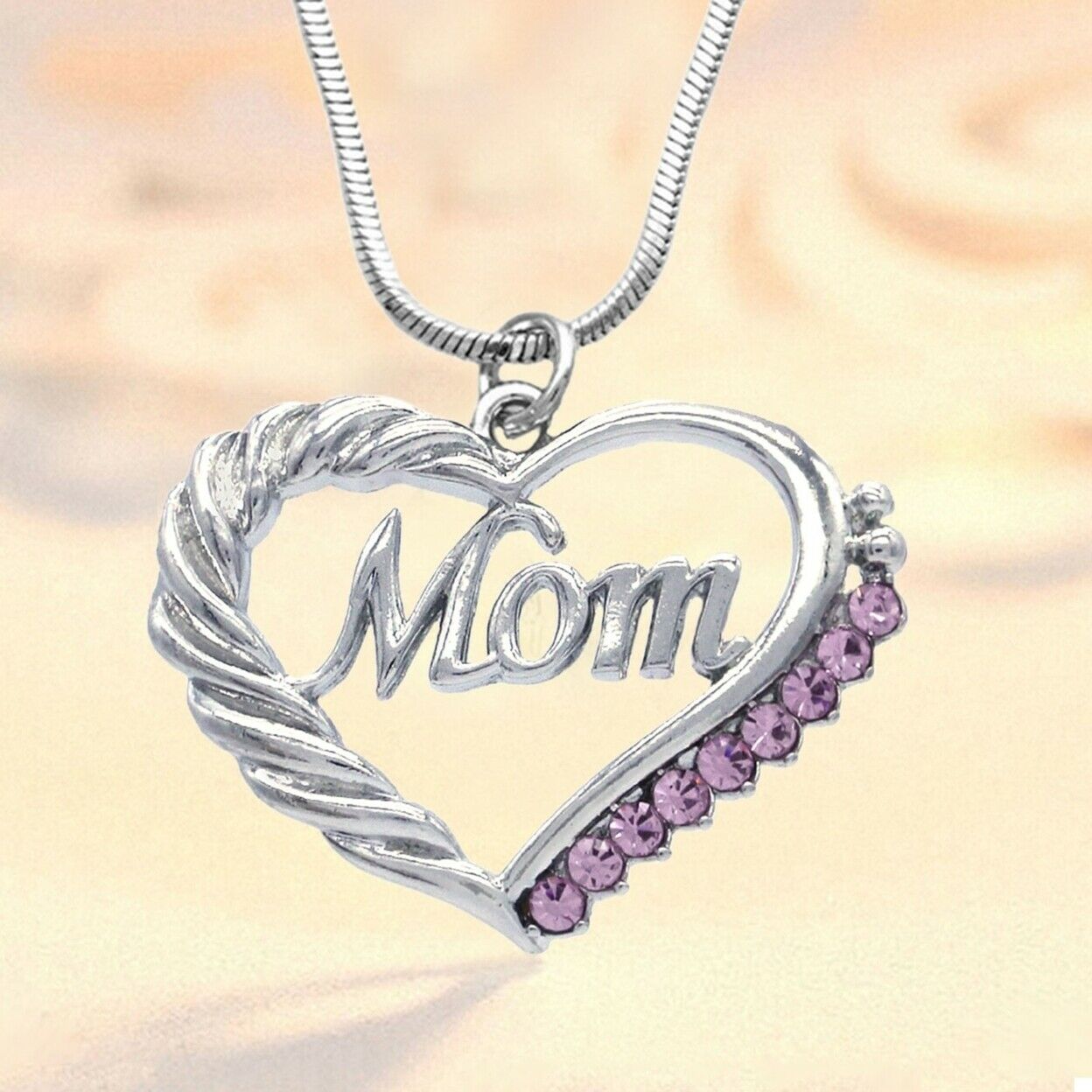 Silver Mom with Heart and Pink Crystal Necklace