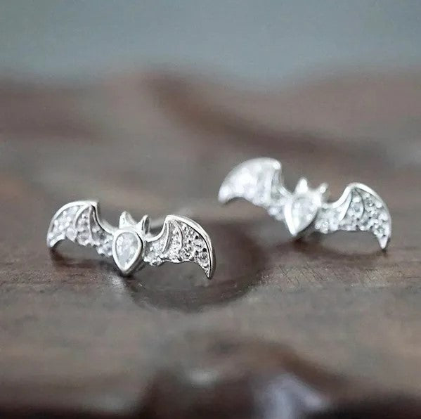 Silver Bat Crystal Stud Earrings