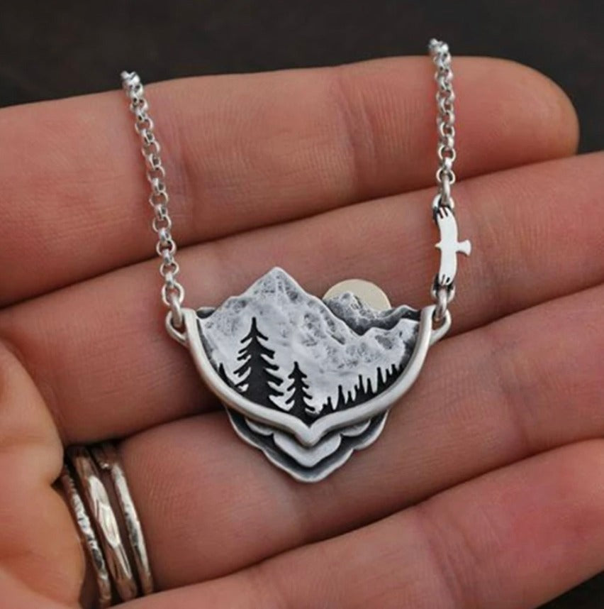 Mountain Range w/ Sun & Trees Necklace