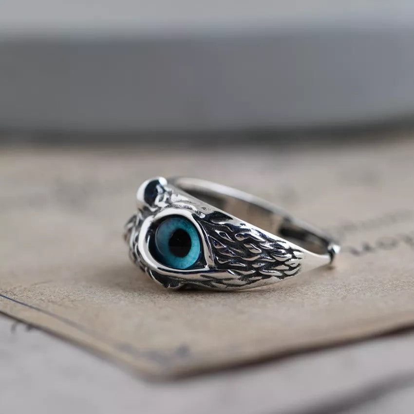 Cute Owl Blue Eye Silver Ring