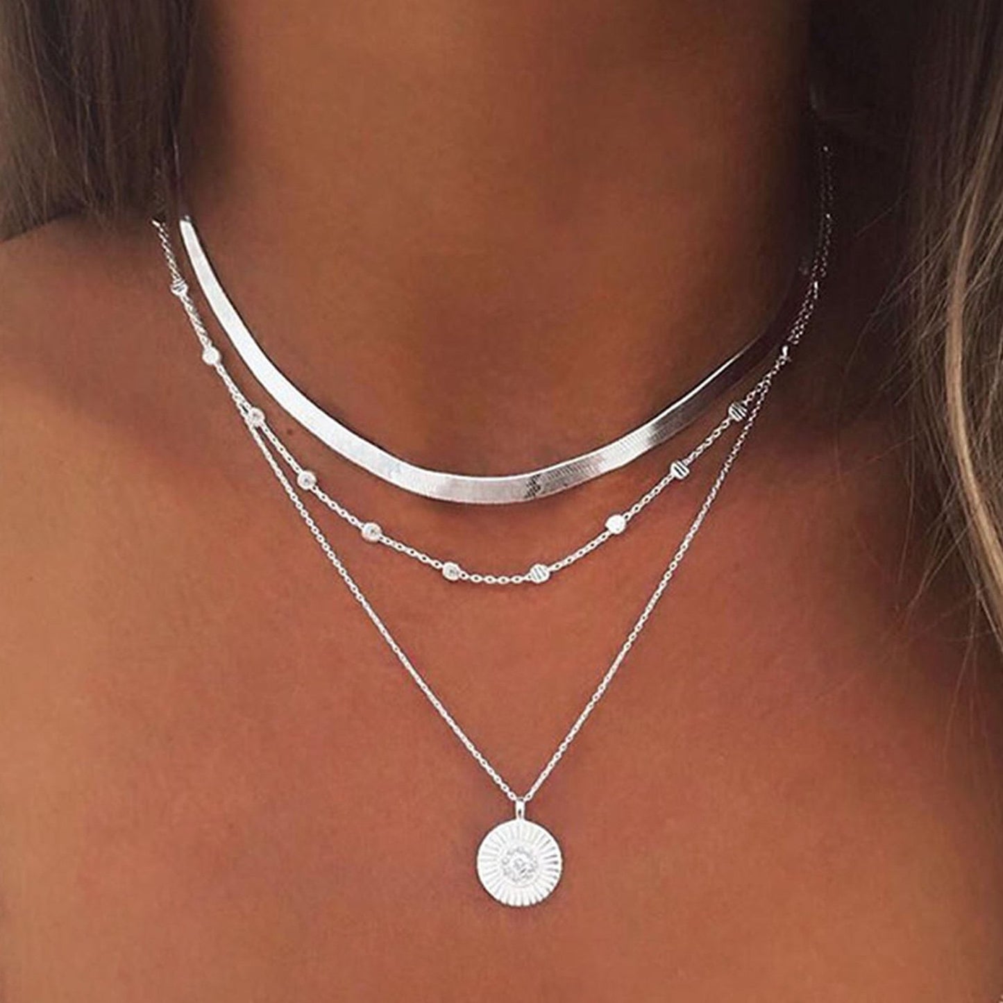 Trendy Silver Women Three Layered Choker Necklace