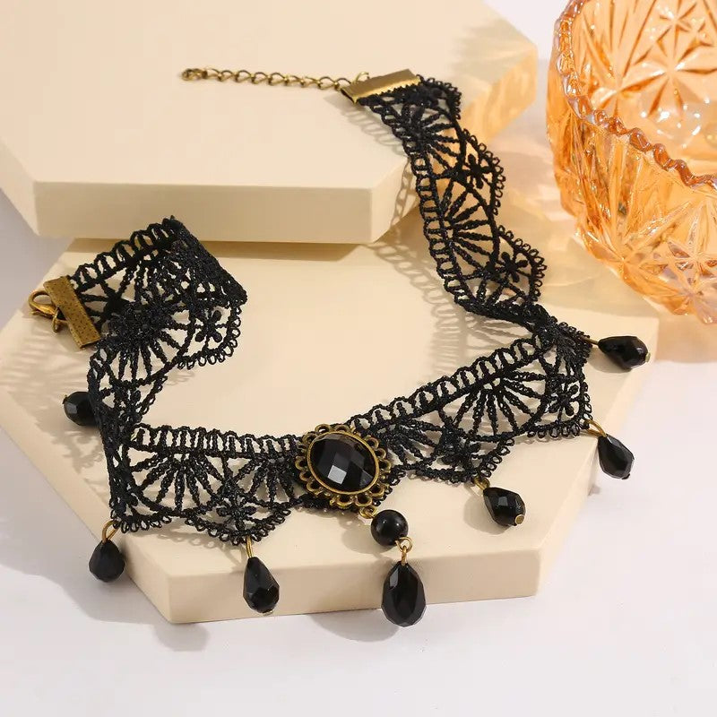 Black Lace Jewel Choker Necklace