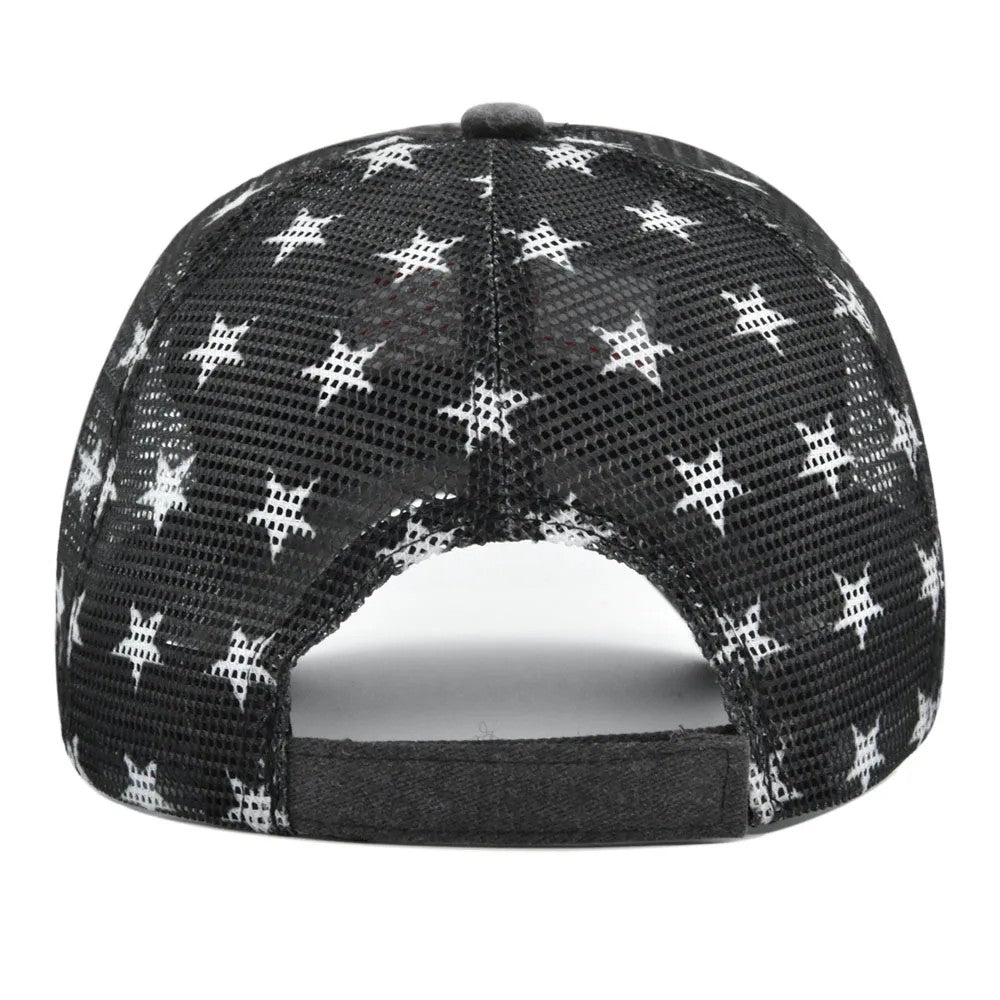 Black American Flag Star Trucker Cap-Washed Distressed USA Embroidery-Adjustable