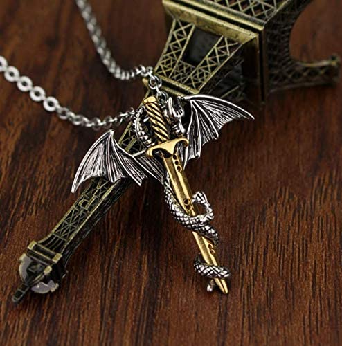 Silver & Gold Dragon & Sword Necklace Stainless Steel Goth, GOT Game of Thrones