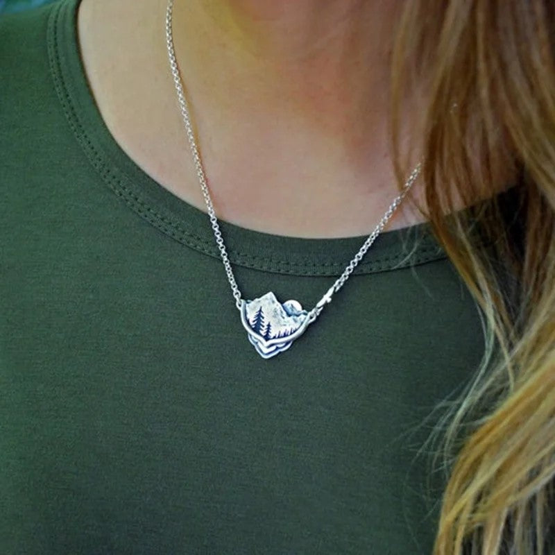 Mountain Range w/ Sun & Trees Necklace