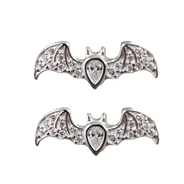 Silver Bat Crystal Stud Earrings