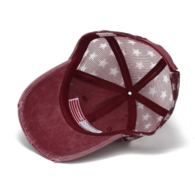 Black American Flag Star Trucker Cap-Washed Distressed USA Embroidery-Adjustable