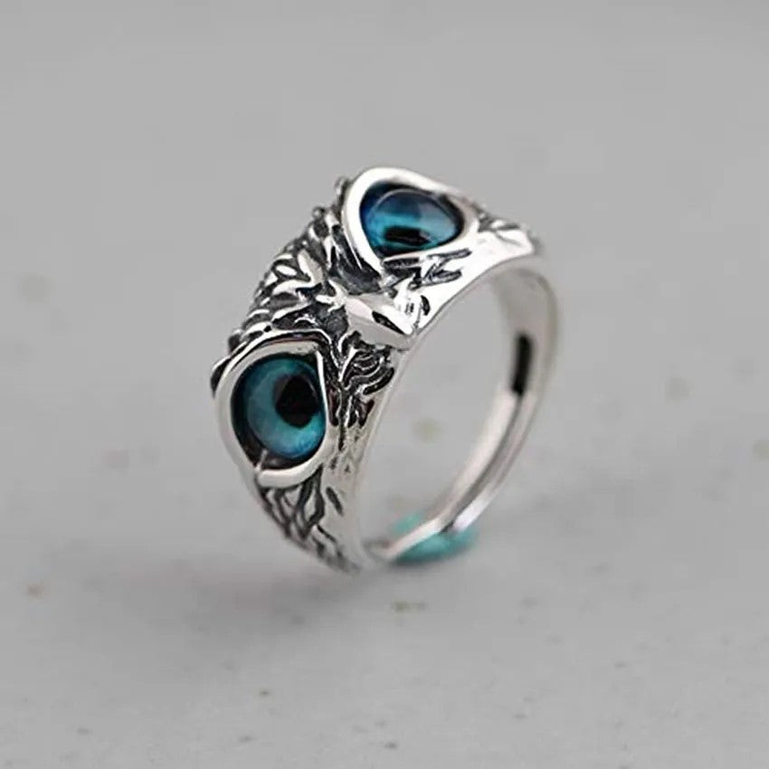Cute Owl Blue Eye Silver Ring