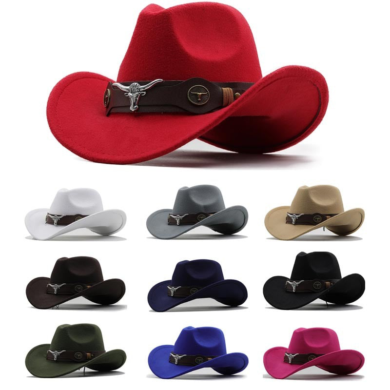 Western Cowboy, Cowgirl Hat, Bull Strap, Men Women Retro Wide Brim