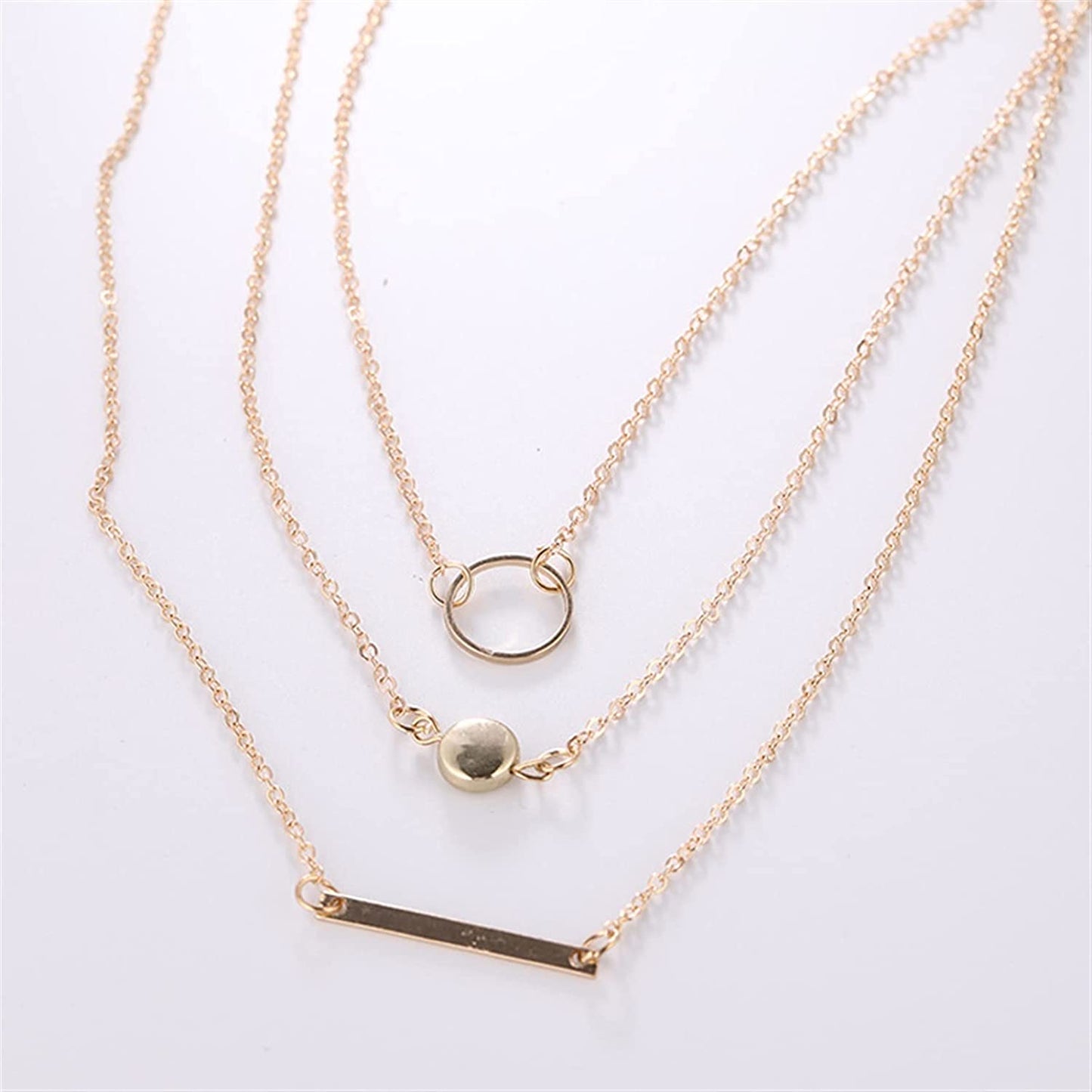 3 Piece Strand Layered Medallion, Long Bar, Hoop Geometric Necklace