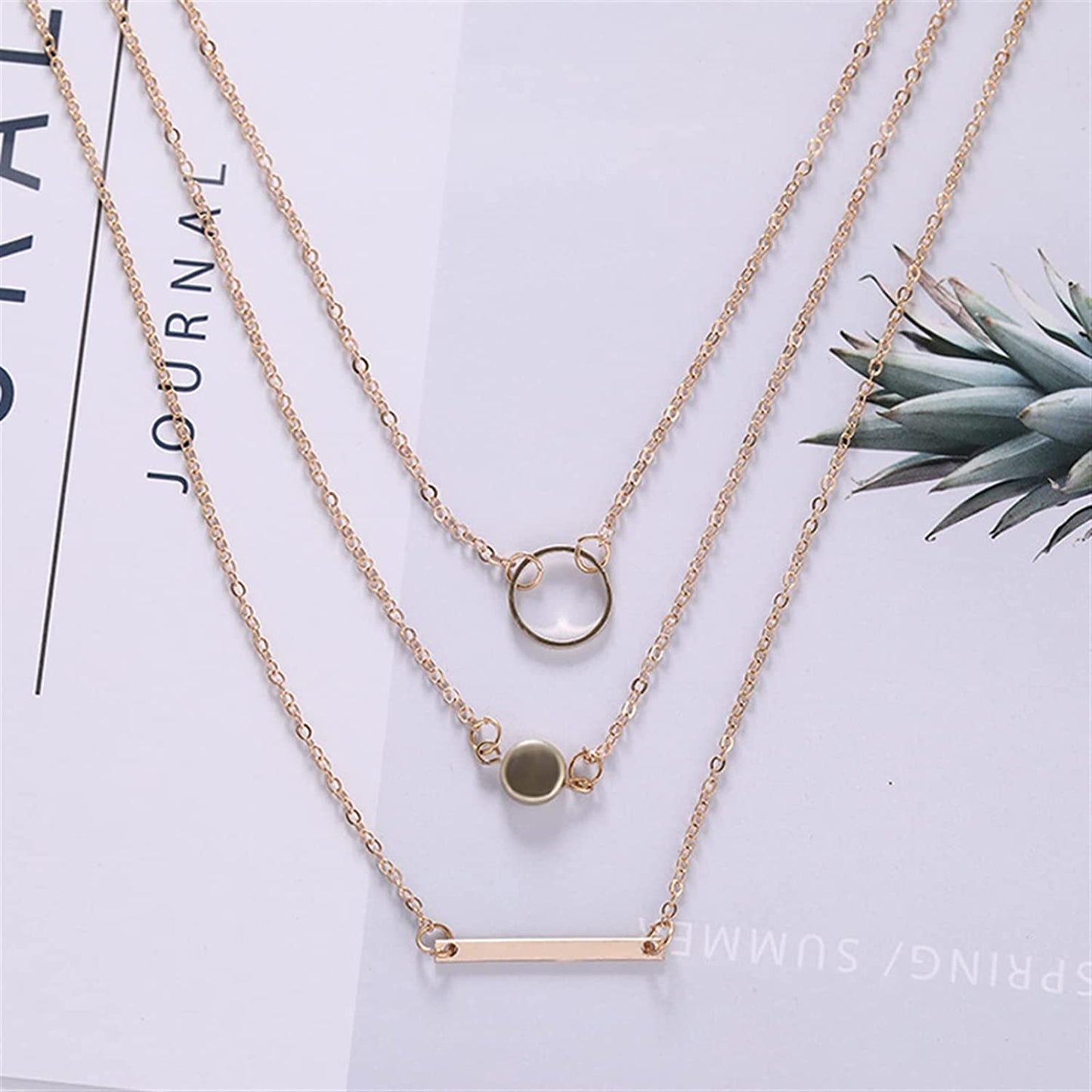 3 Piece Strand Layered Medallion, Long Bar, Hoop Geometric Necklace