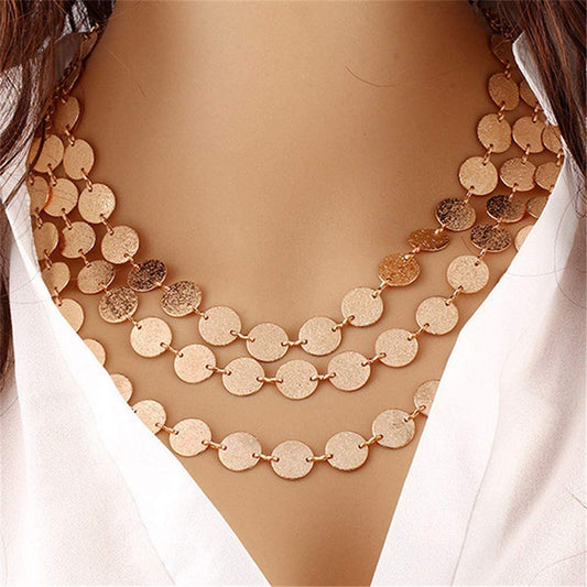 Statement Multi-Layer Sequins Choker Necklace with Round Charms