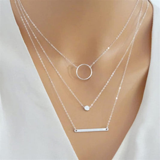 3 Piece Strand Layered Medallion, Long Bar, Hoop Geometric Necklace