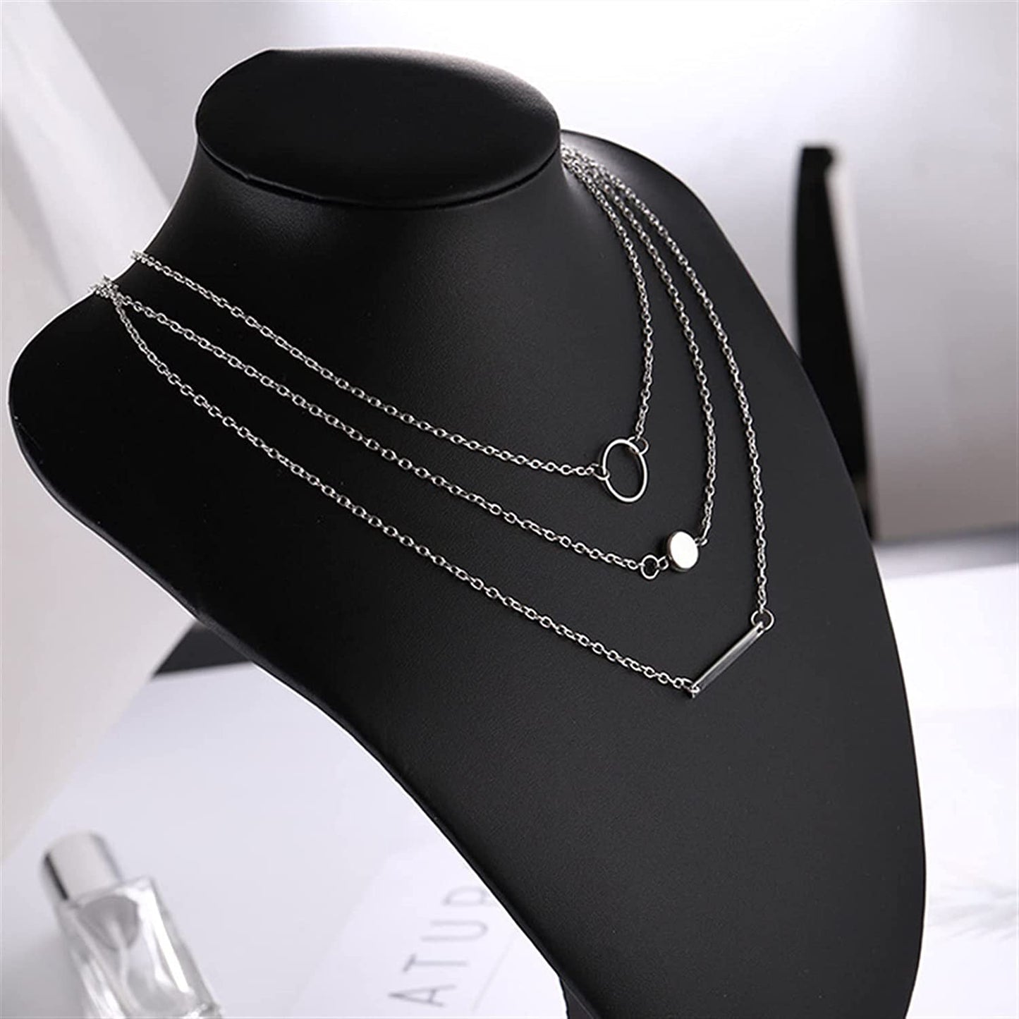 3 Piece Strand Layered Medallion, Long Bar, Hoop Geometric Necklace