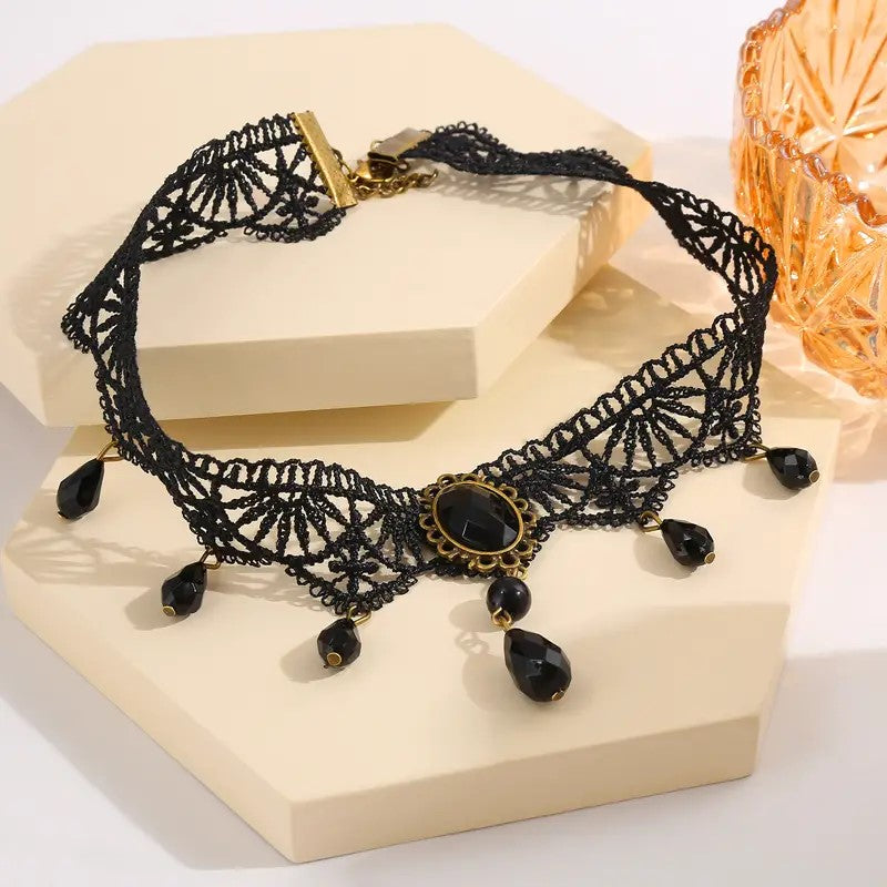 Black Lace Jewel Choker Necklace