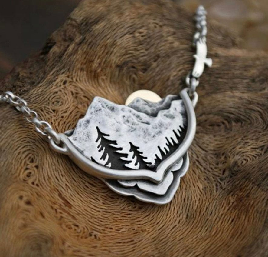 Mountain Range w/ Sun & Trees Necklace
