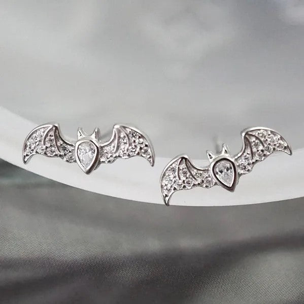 Silver Bat Crystal Stud Earrings