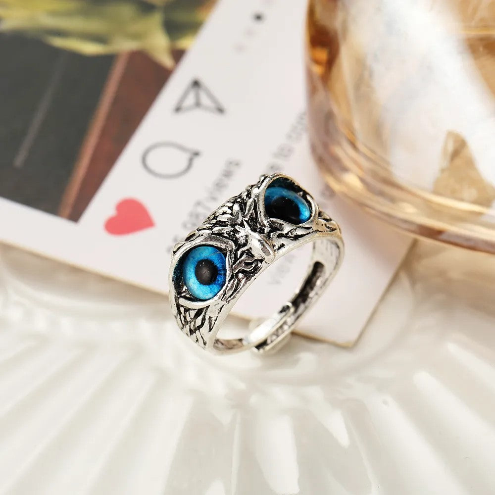Cute Owl Blue Eye Silver Ring