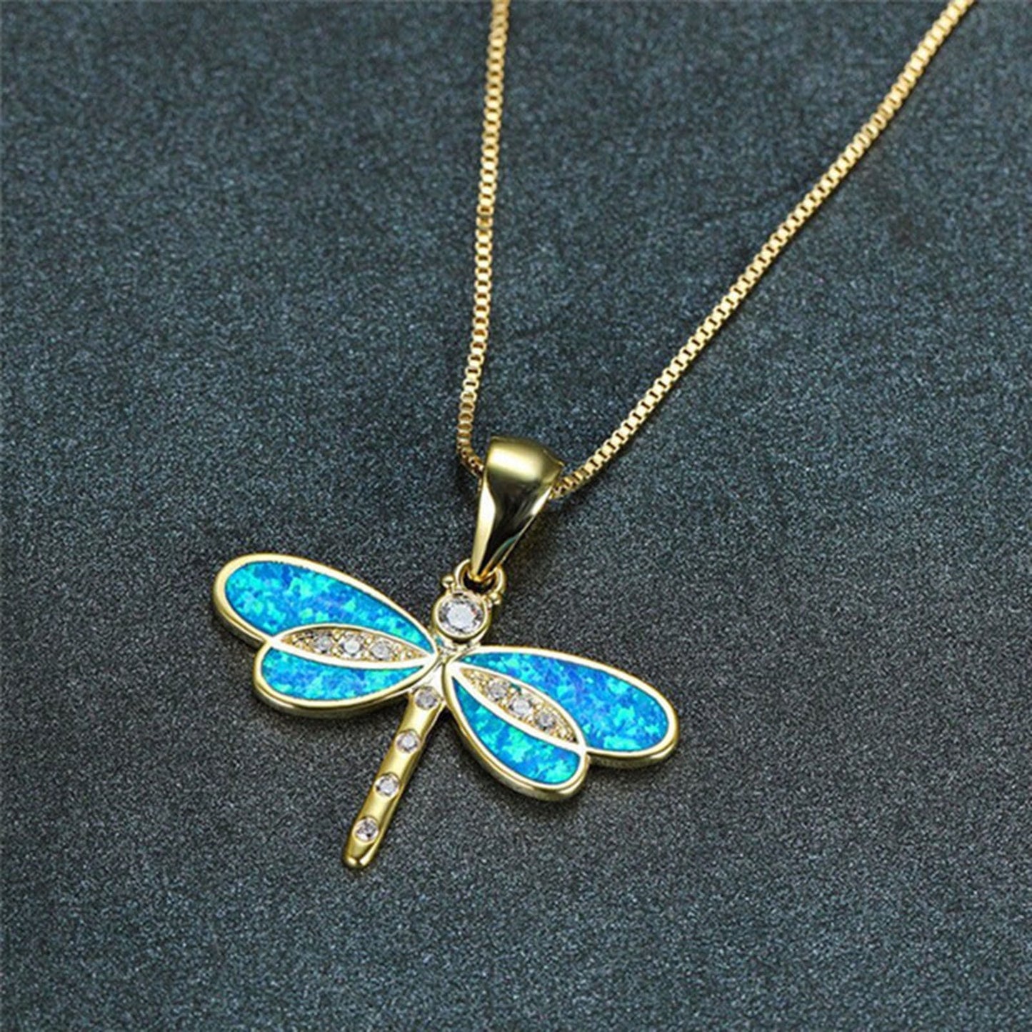 Opal Dragonfly Gold Pendant Necklace