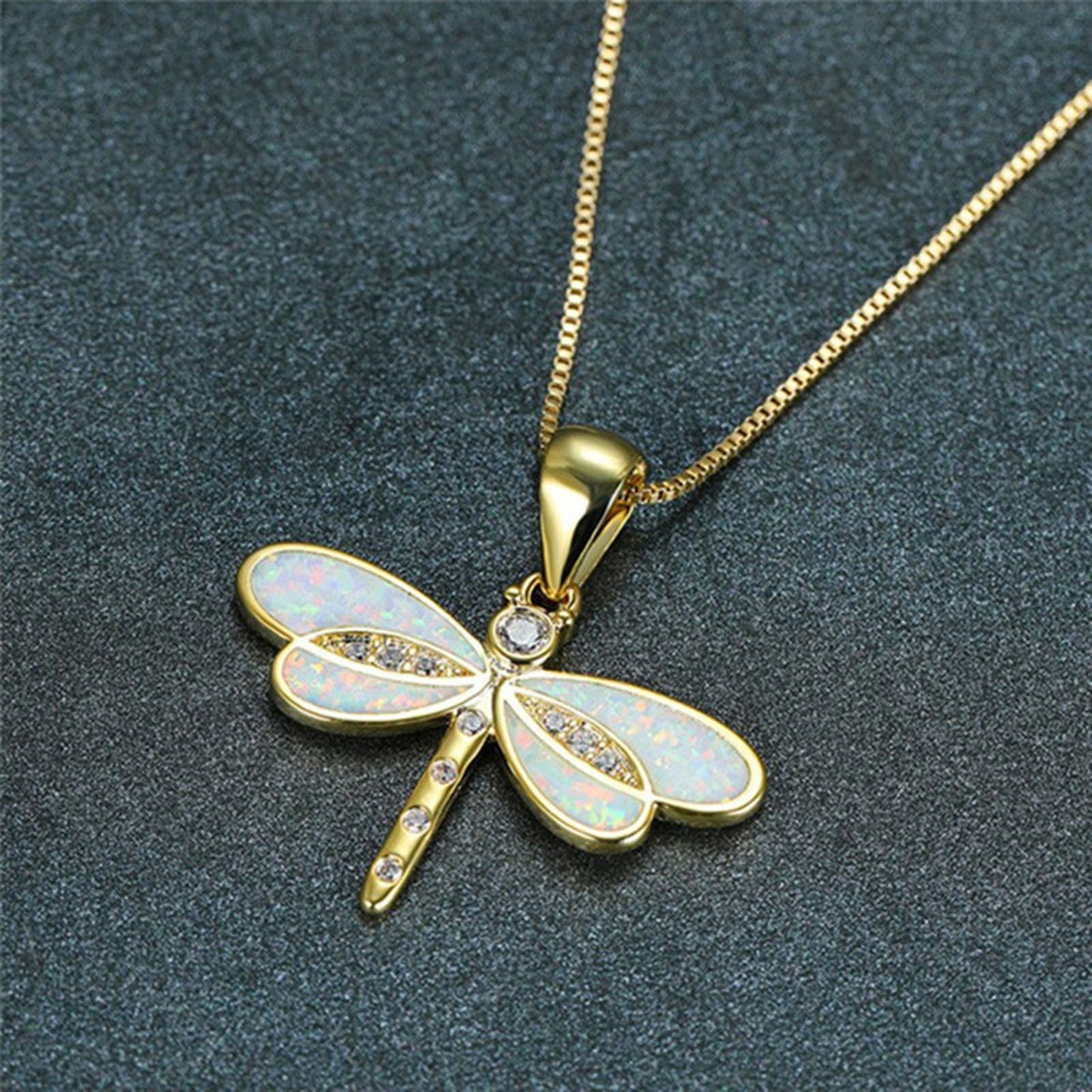 Opal Dragonfly Gold Pendant Necklace