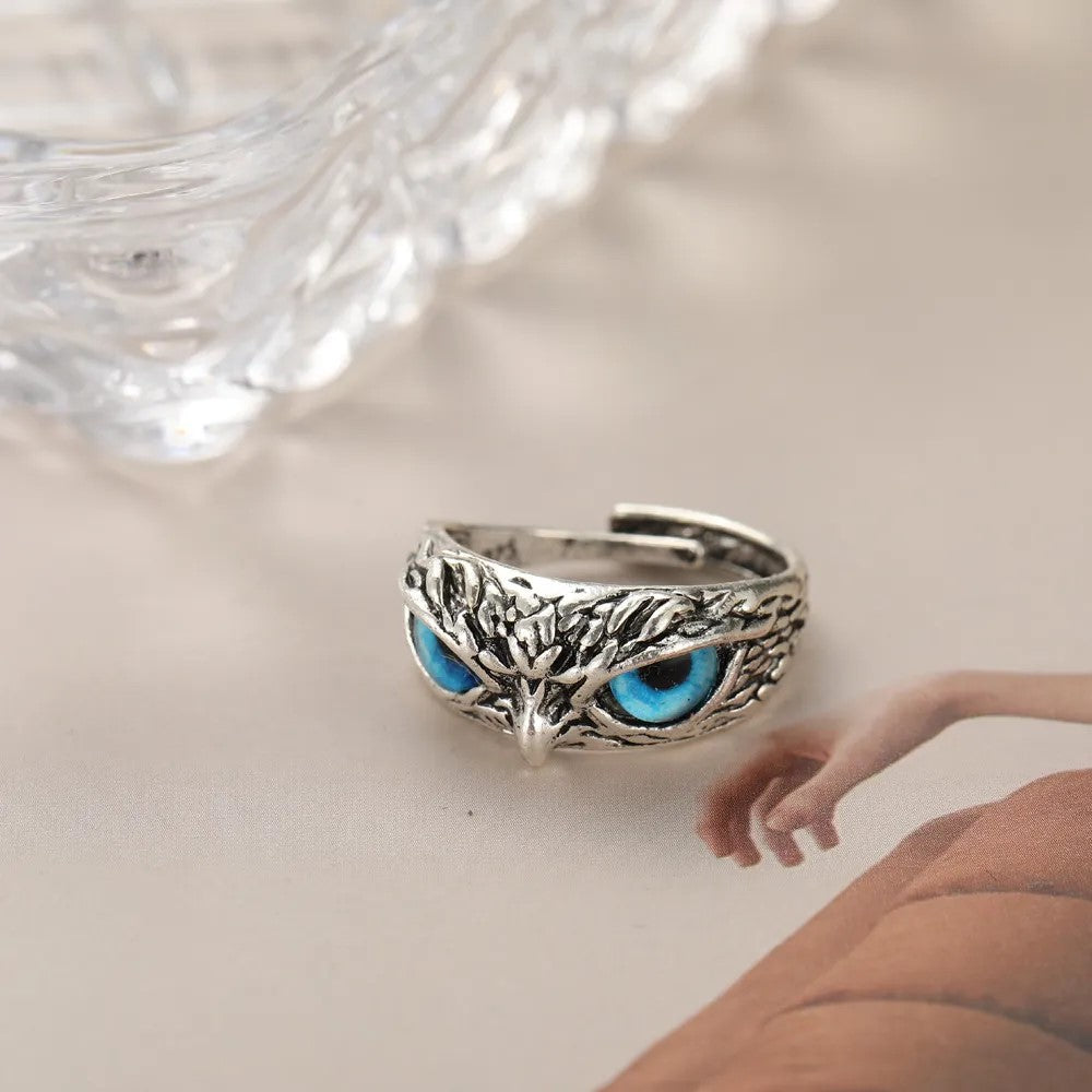 Cute Owl Blue Eye Silver Ring