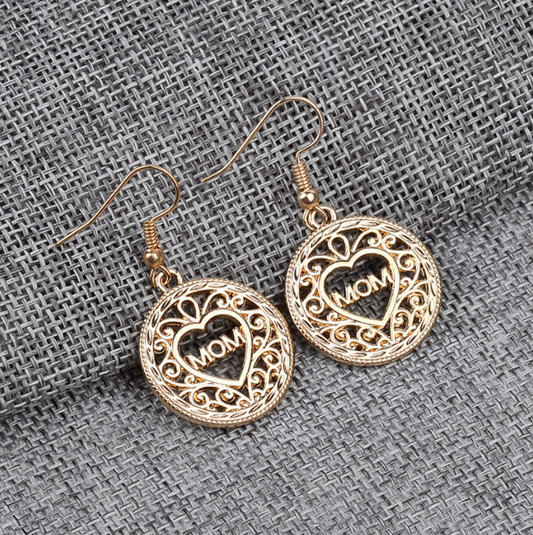 Gold Mom Heart within Circle Earrings