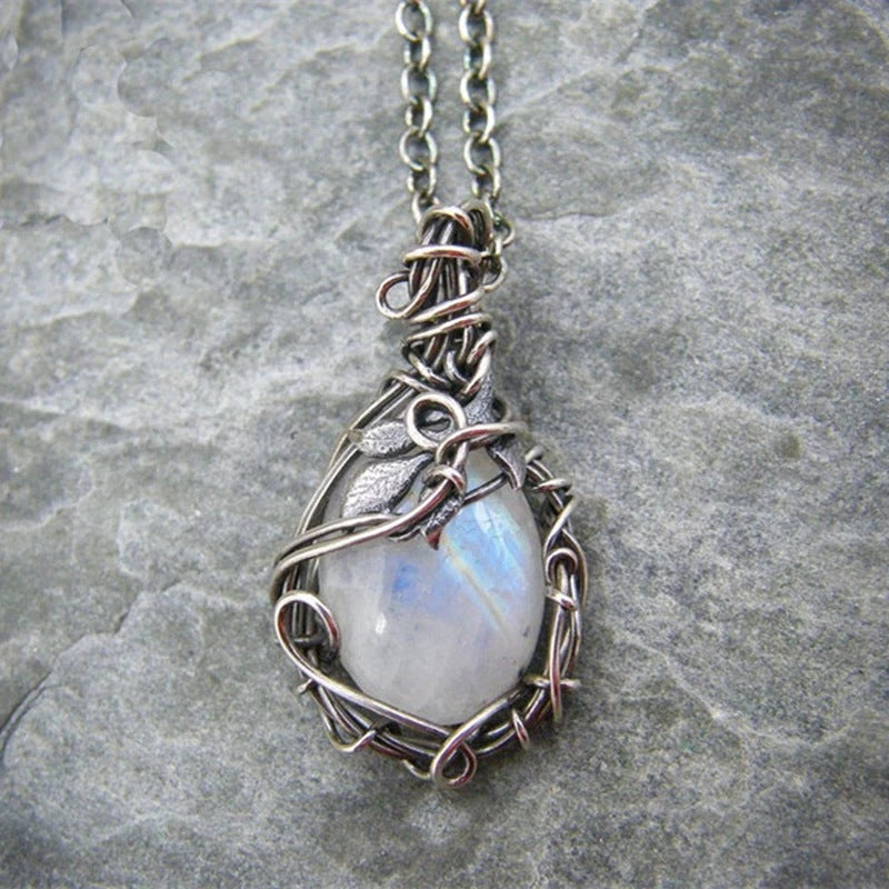 White Rainbow Moonstone Gemstone Silver Vintage Style Necklace-  Pendant