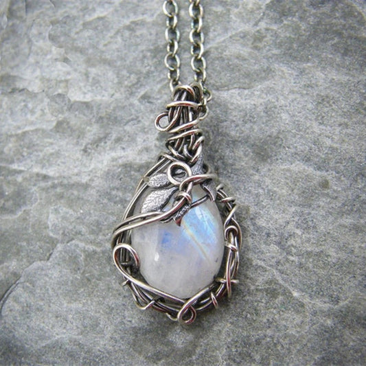 White Rainbow Moonstone Gemstone Silver Vintage Style Necklace-  Pendant