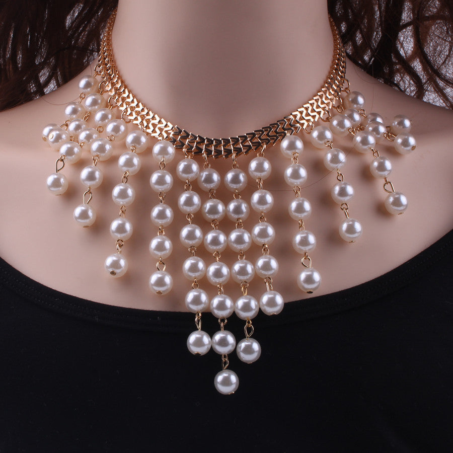 Large White Pearl String, Gold Chain Necklace