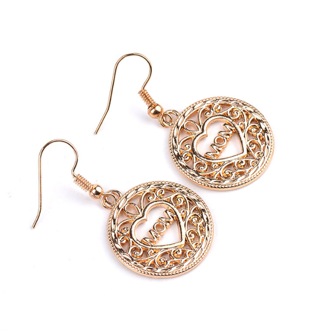 Gold Mom Heart within Circle Earrings