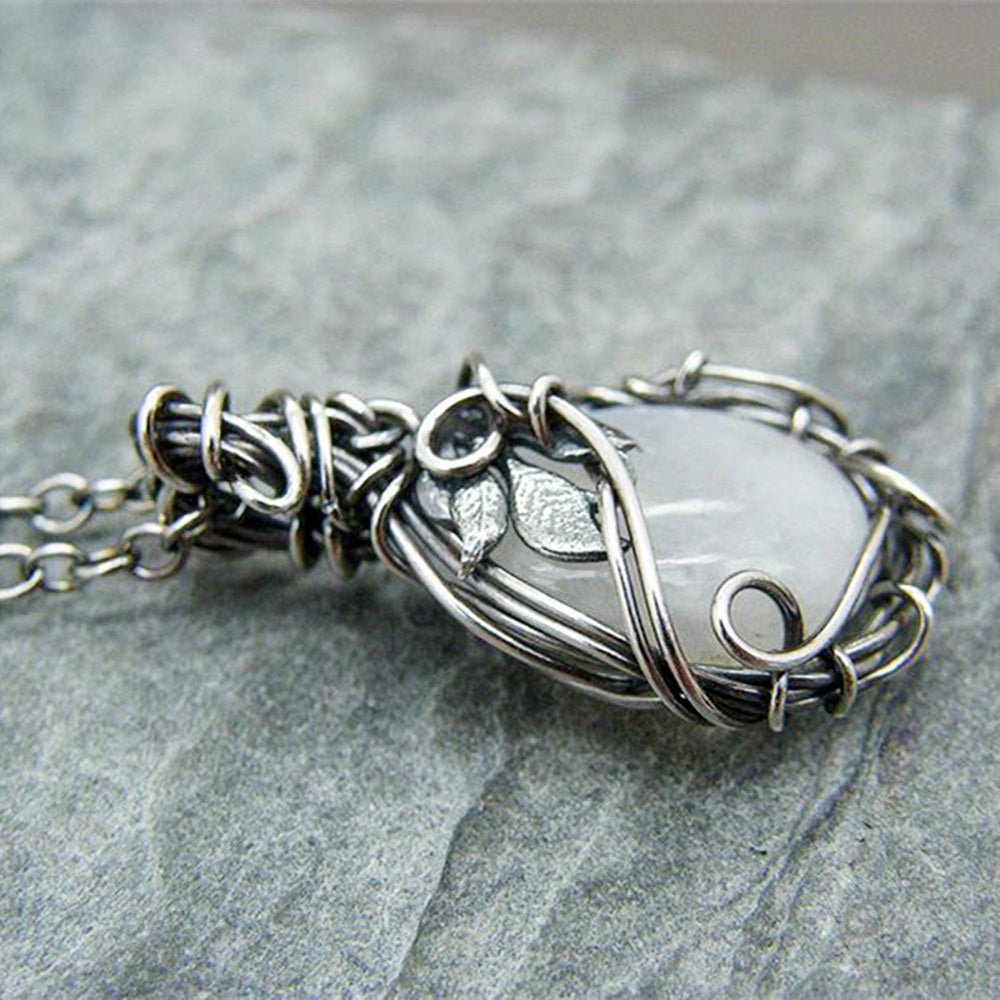 White Rainbow Moonstone Gemstone Silver Vintage Style Necklace-  Pendant