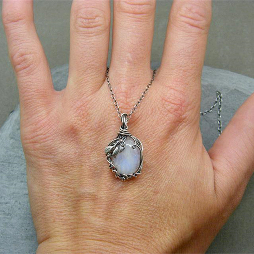 White Rainbow Moonstone Gemstone Silver Vintage Style Necklace-  Pendant