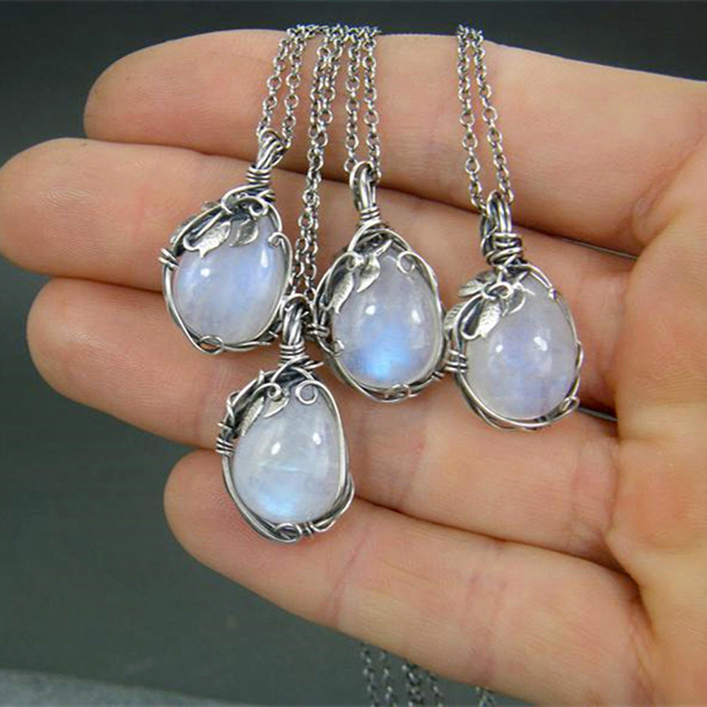 White Rainbow Moonstone Gemstone Silver Vintage Style Necklace-  Pendant