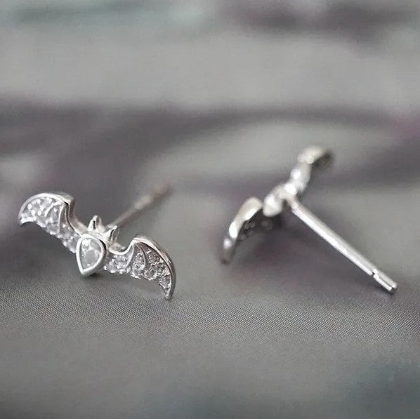 Silver Bat Crystal Stud Earrings