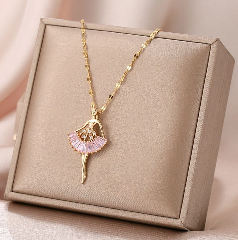 Ballerina Dancer Pendant Necklace  Pink  & Gold Dance Recital Gift  - Ballet