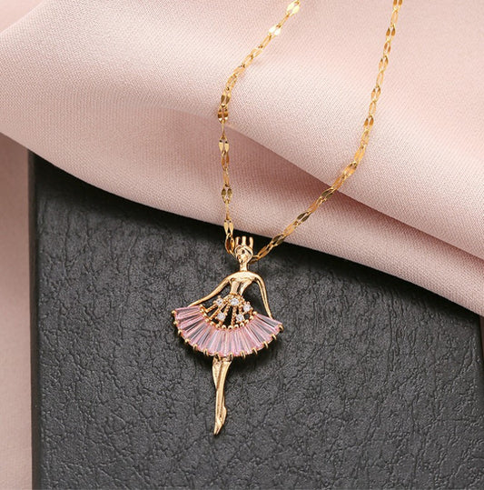 Ballerina Dancer Pendant Necklace  Pink  & Gold Dance Recital Gift  - Ballet